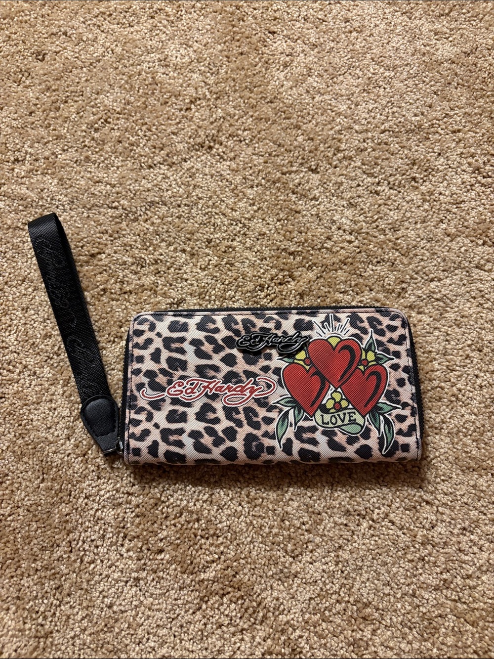 Ed Hardy Leopard Print Wristlet Wallet with Red Heart Graphic